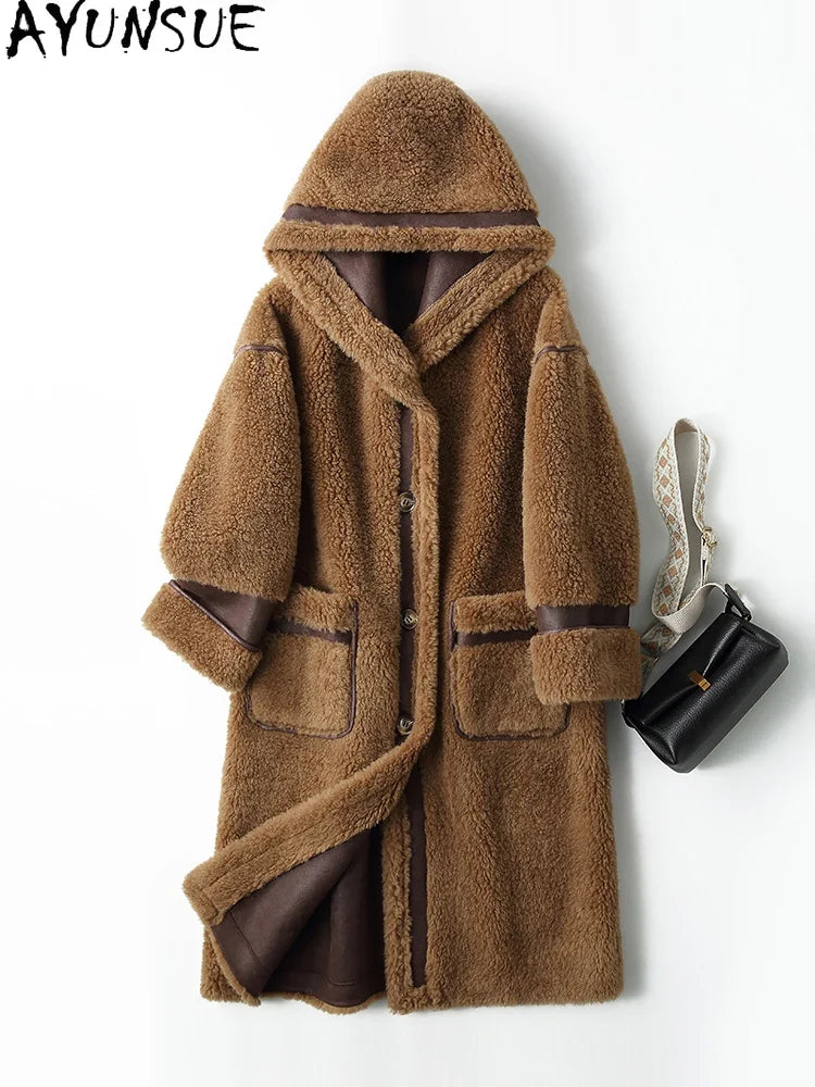Damen Teddy Mantel mit Kapuze, Lang, Braun