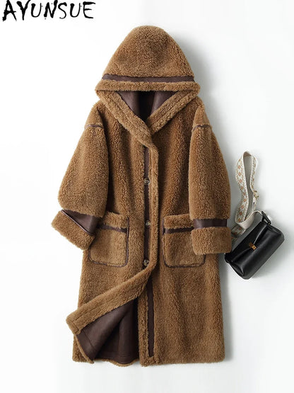 Damen Teddy Mantel mit Kapuze, Lang, Braun