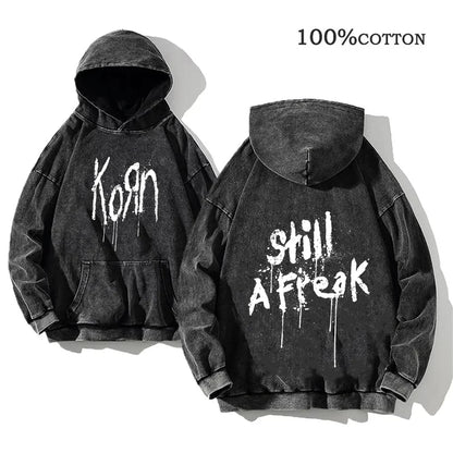 Unisex Kapuzenpullover Grau verwaschen mit Band-Print Vorn & Hinten