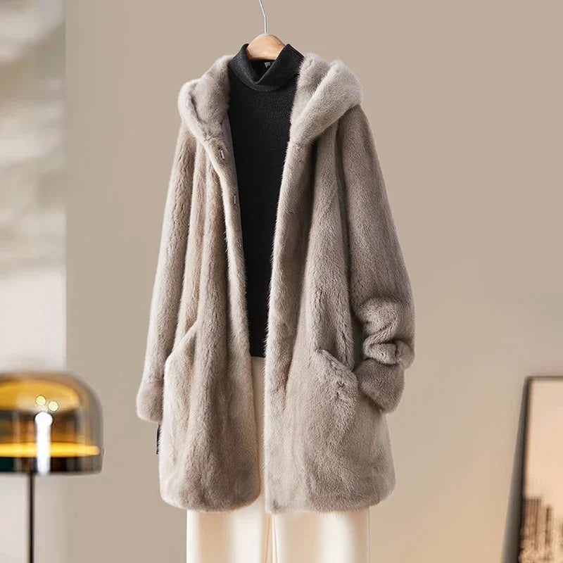 Damen Kapuzenjacke Lang Kunstfell Teddyfell Grau-Beige