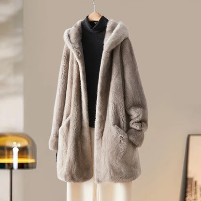 Damen Kapuzenjacke Lang Kunstfell Teddyfell Grau-Beige