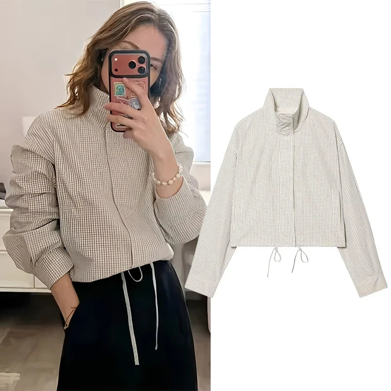 Damen Kurzjacke Karomuster Stehkragen Reißverschluss Beige