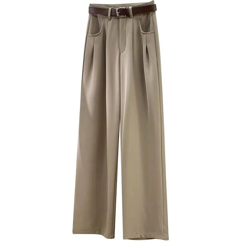 Damen Stoffhose Weites Bein mit Gürtel – Elegante Plissee Hose Hochbund