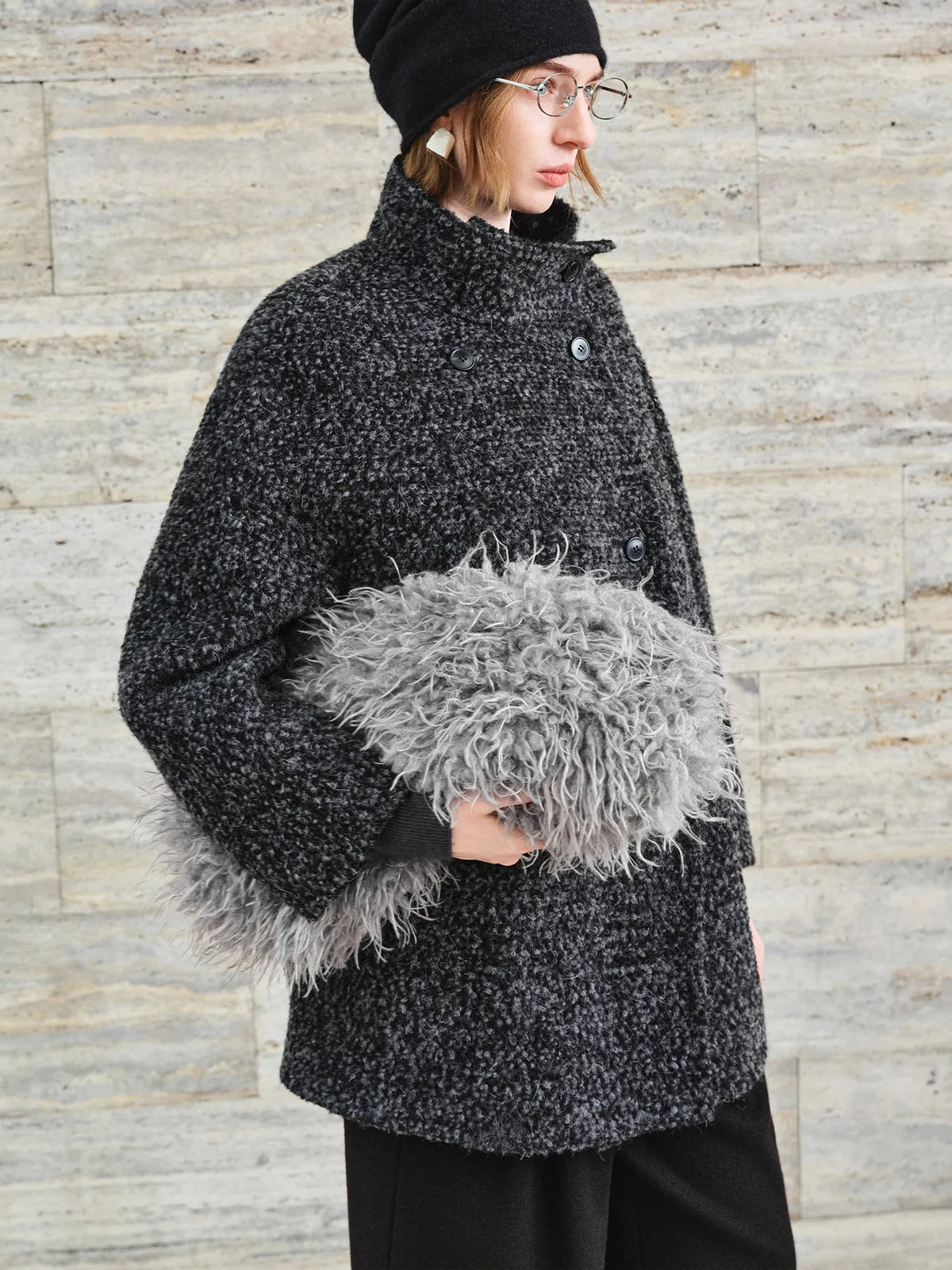 Kurzer Tweed-Mantel Damen Zweireihig Anthrazit