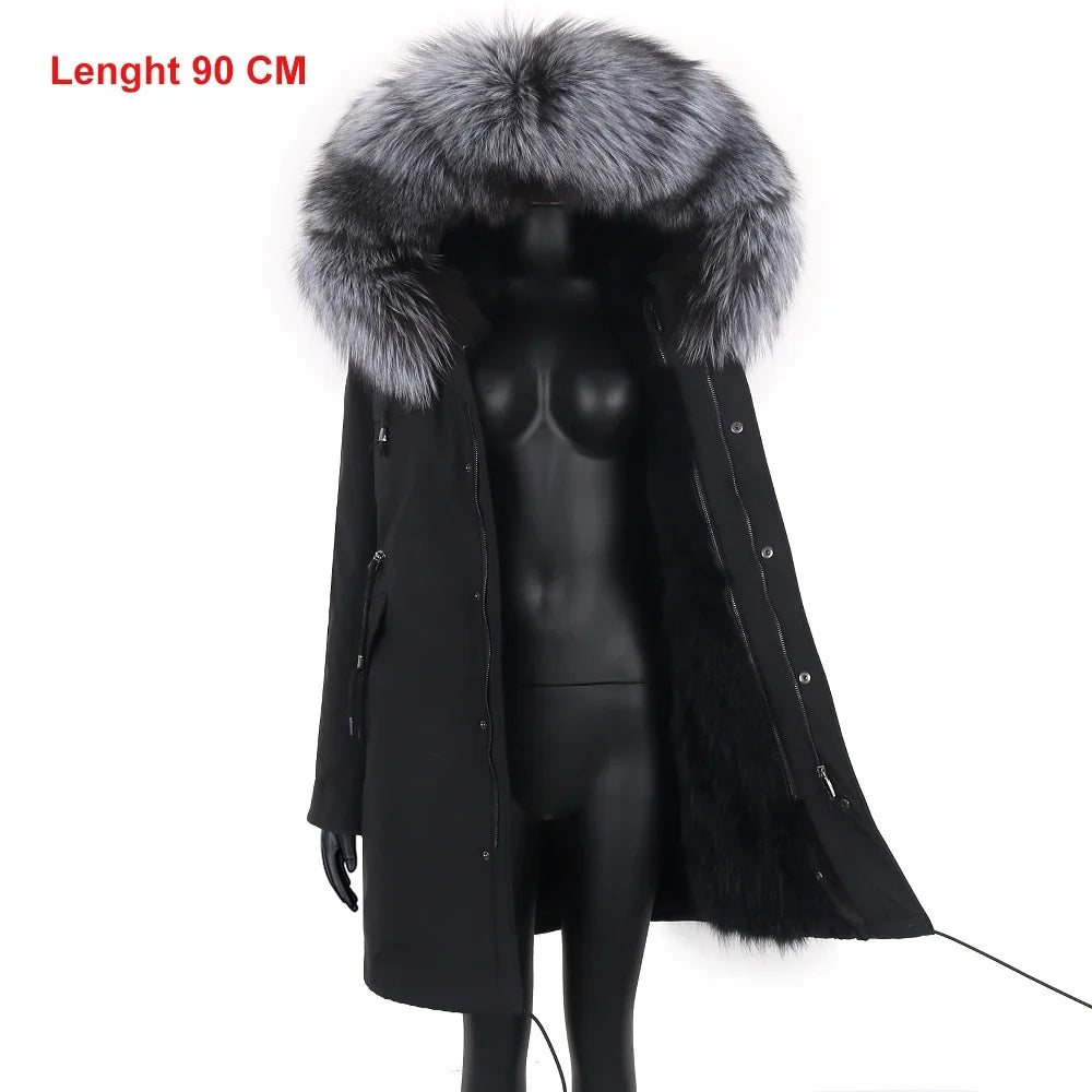 Damen Winterparka Schwarz mit Pelzbesatz Kapuze Lang