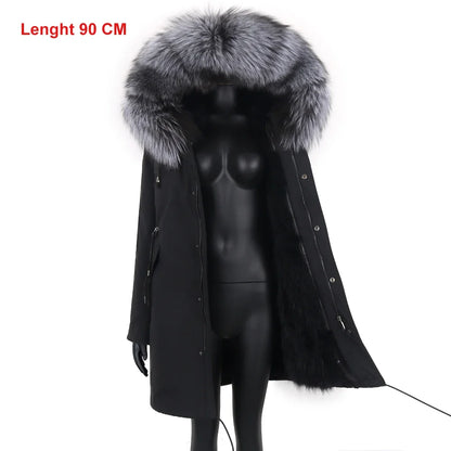 Damen Winterparka Schwarz mit Pelzbesatz Kapuze Lang