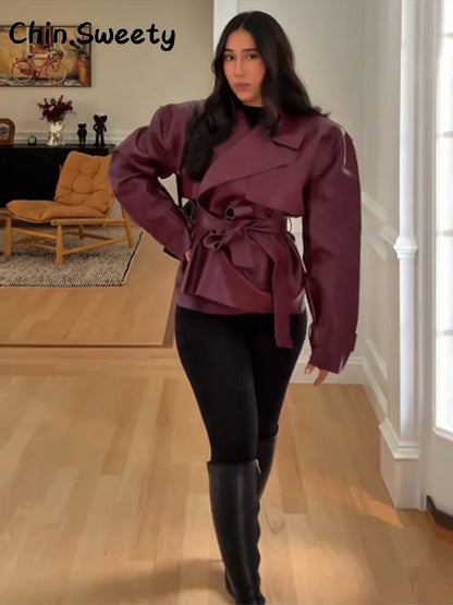 Damen Kurzjacke mit Bindegürtel und Reverskragen
