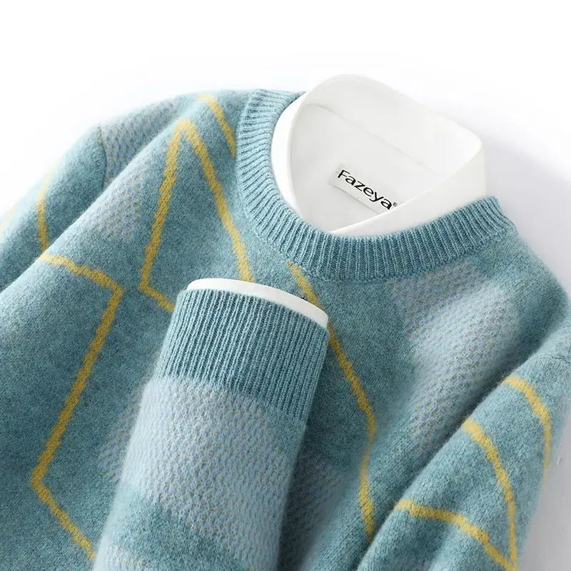 Unisex Pullover mit Rautenmuster, Rundhals und Rippbündchen, Mehrfarbig