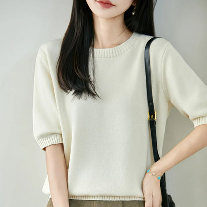 Damen Kurzarm Strickpullover Rundhals Weich Strickshirt