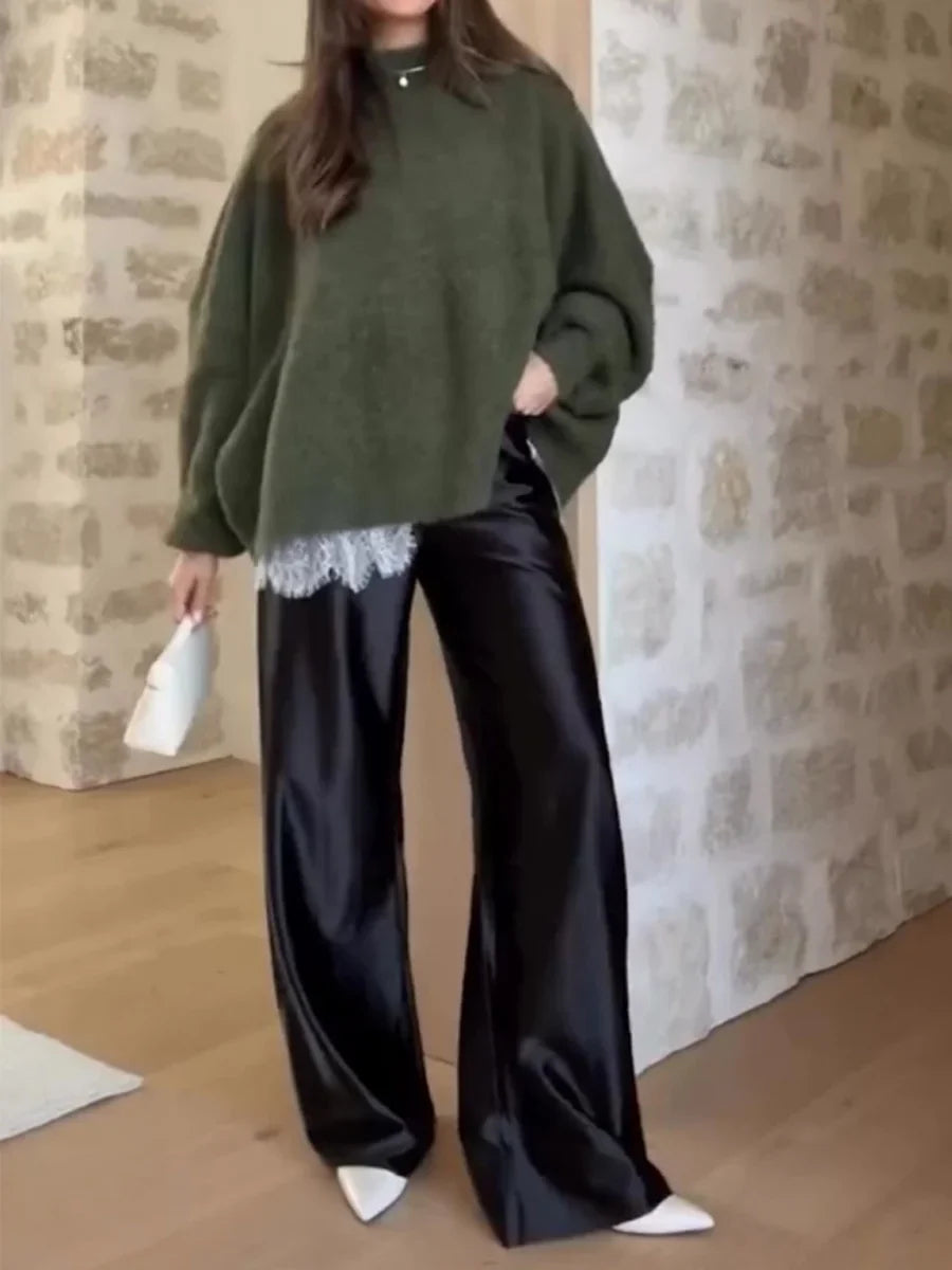 Damen Satin Hose Weites Bein – Dunkelgrün