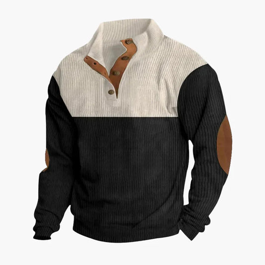 Herren Cord Sweatshirt mit Knopfleiste – Vintage Freizeitpullover im Patchwork-Stil