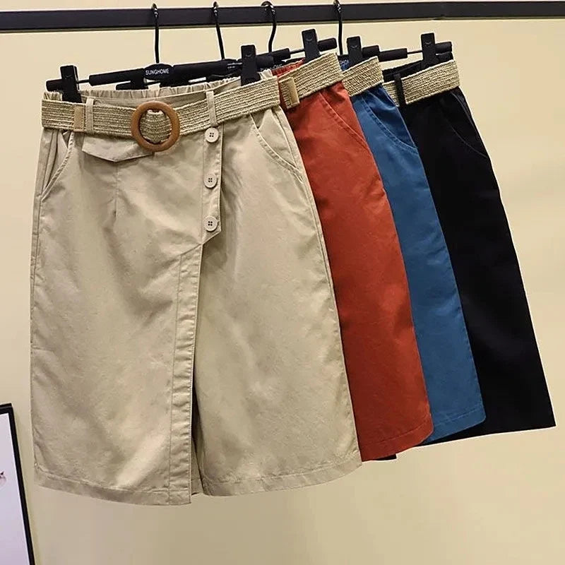 Damen Culottes Shorts mit Wickel-Optik und Gürtel, Knopfleiste, hoher Bund