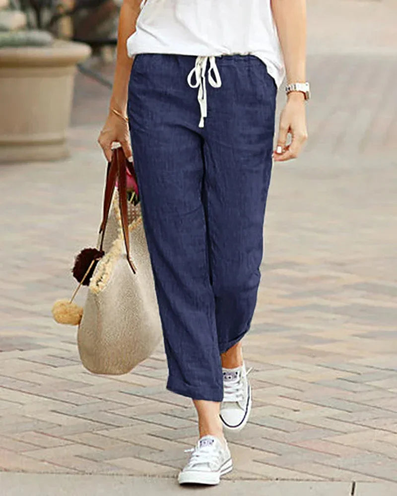 Damen Leinenhose mit Gummibund und Kordelzug, Cropped-Länge