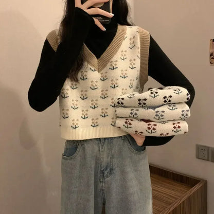 Damen Strickweste mit Blumenmuster V-Ausschnitt, ärmelloser Pullover