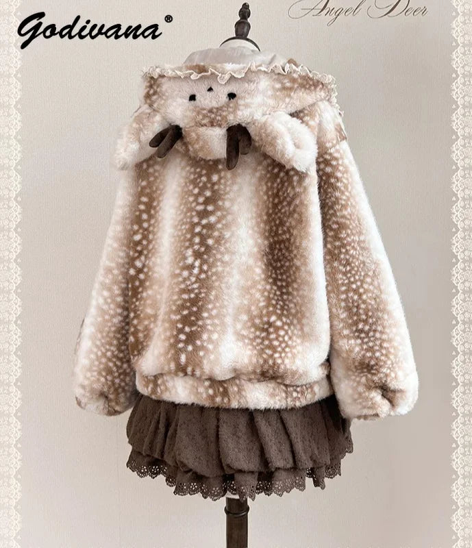 Hirsch Winterjacke Damen Teddyfell Gefleckt mit Kapuze