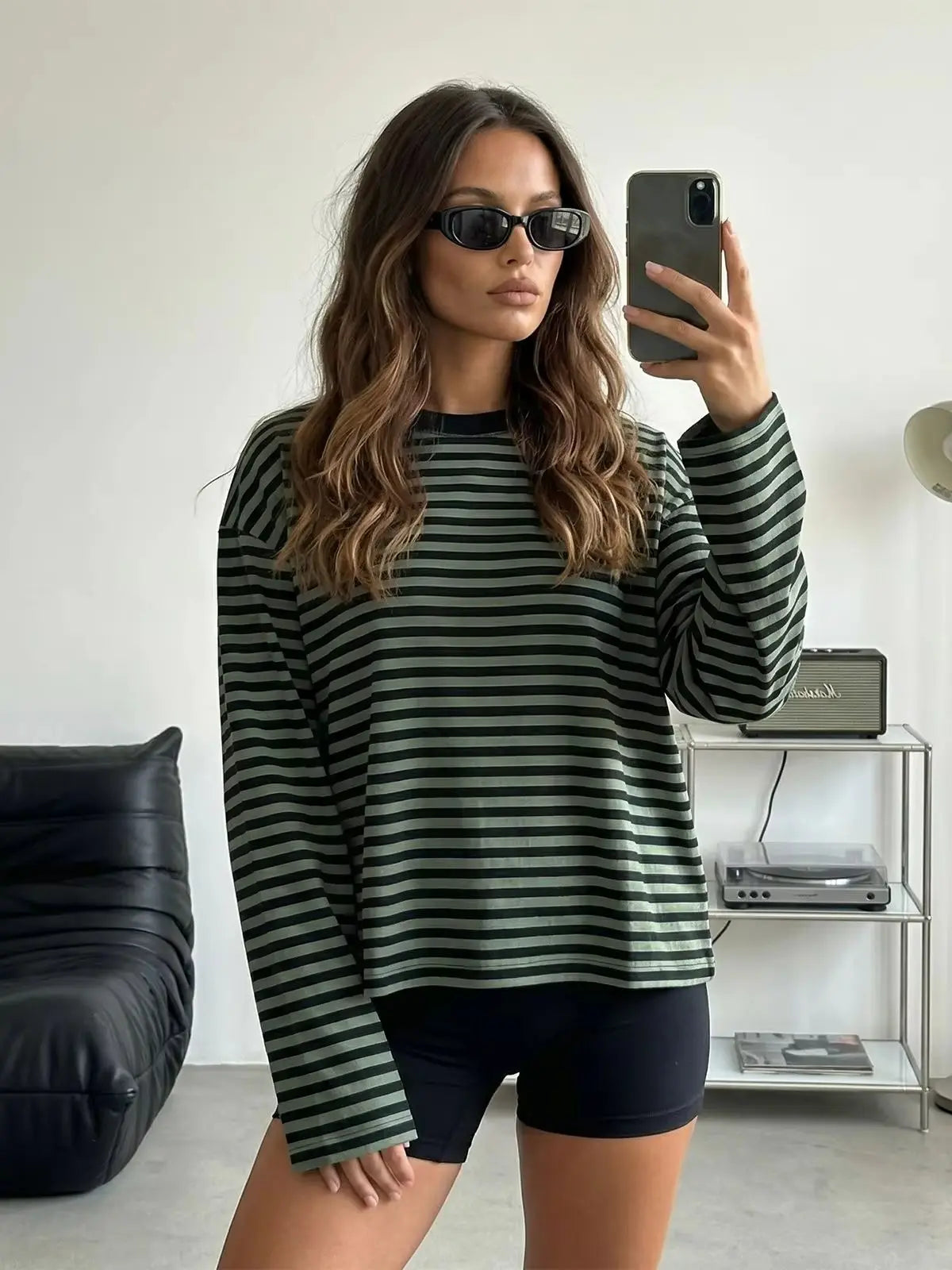 Gestreiftes Langarm Cropped Top Rundhals Damen