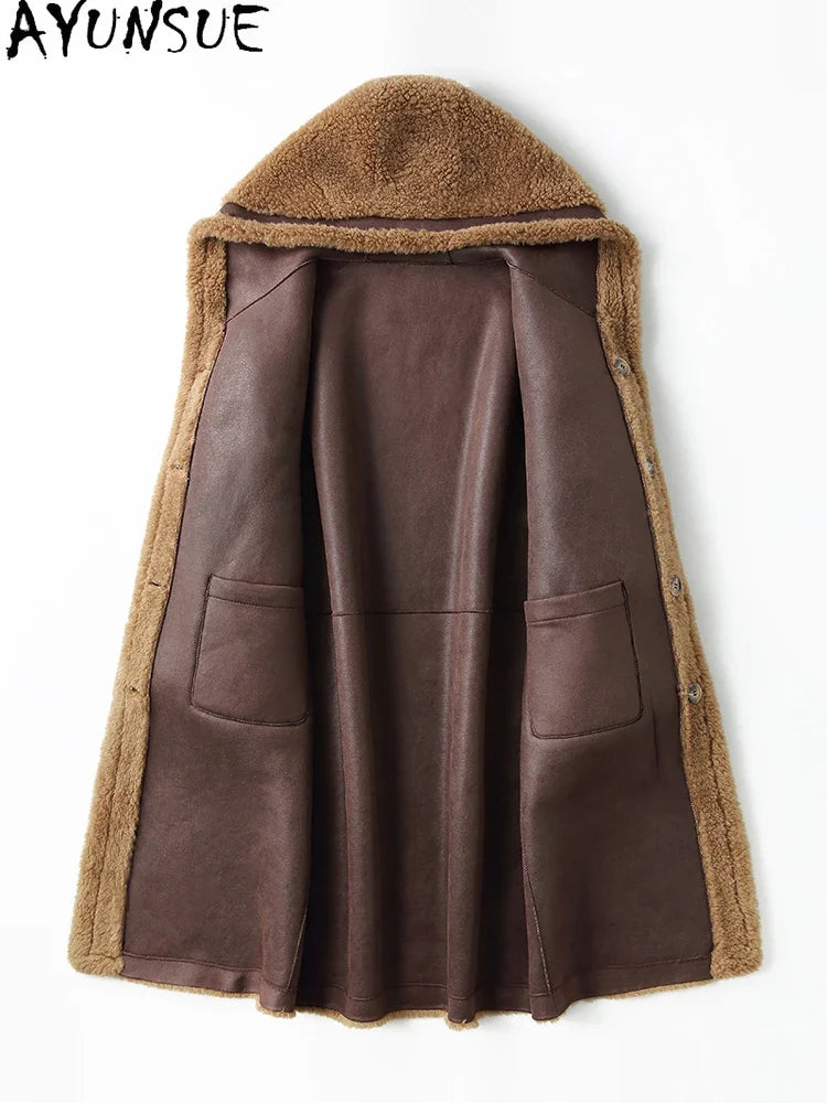Damen Teddy Mantel mit Kapuze, Lang, Braun