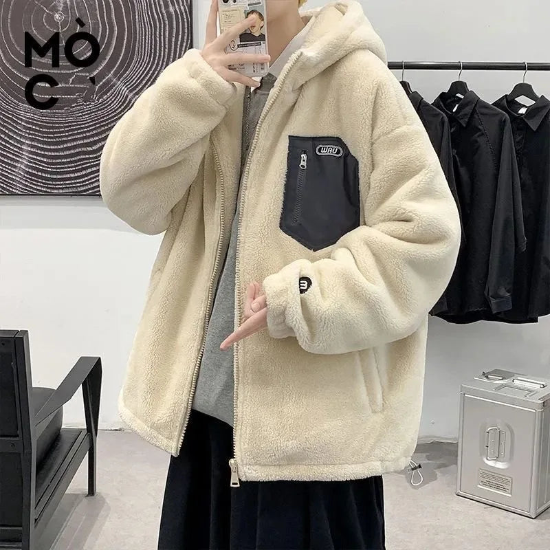 Unisex Kapuzen Fleecejacke Grau mit Brusttasche Reißverschluss