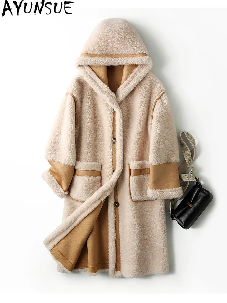 Damen Teddy Mantel mit Kapuze, Lang, Braun