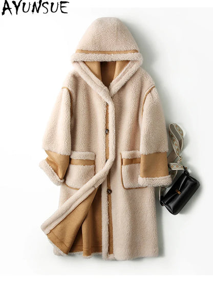 Damen Teddy Mantel mit Kapuze, Lang, Braun