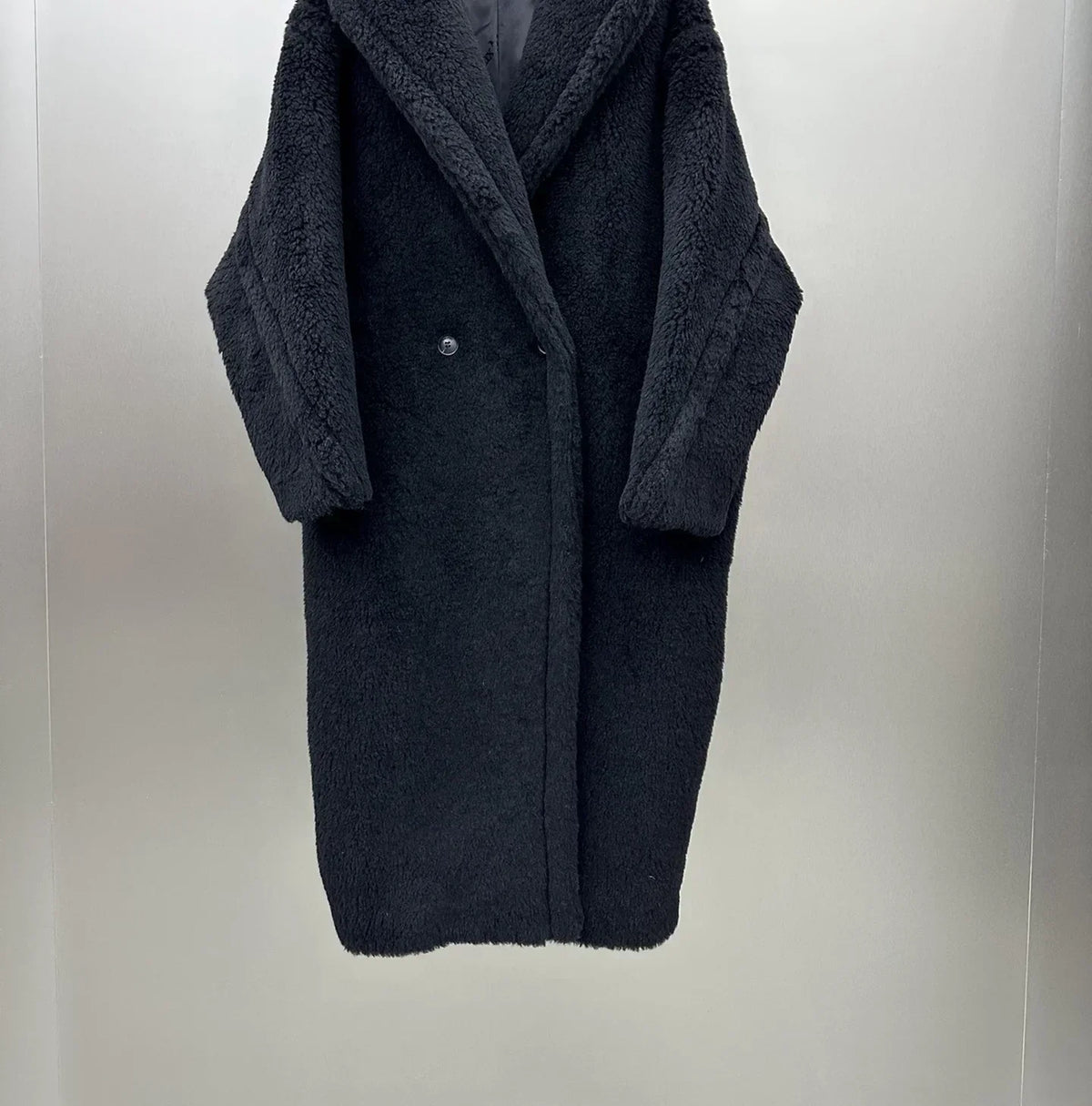Damen Teddyfell Mantel lang mit Kapuze und Handschuhen