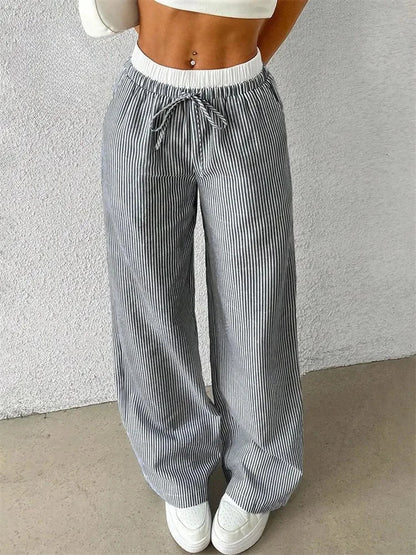 Damen Weite Hose mit Streifenmuster, Hohem Bund und Kordelzug – Lange Palazzo Hose