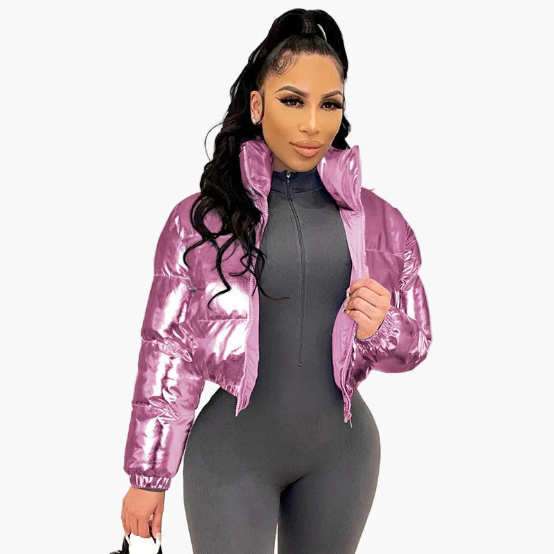 Damen Kurz Pufferjacke Streetwear Wintermode glänzend, modisch und vielseitig
