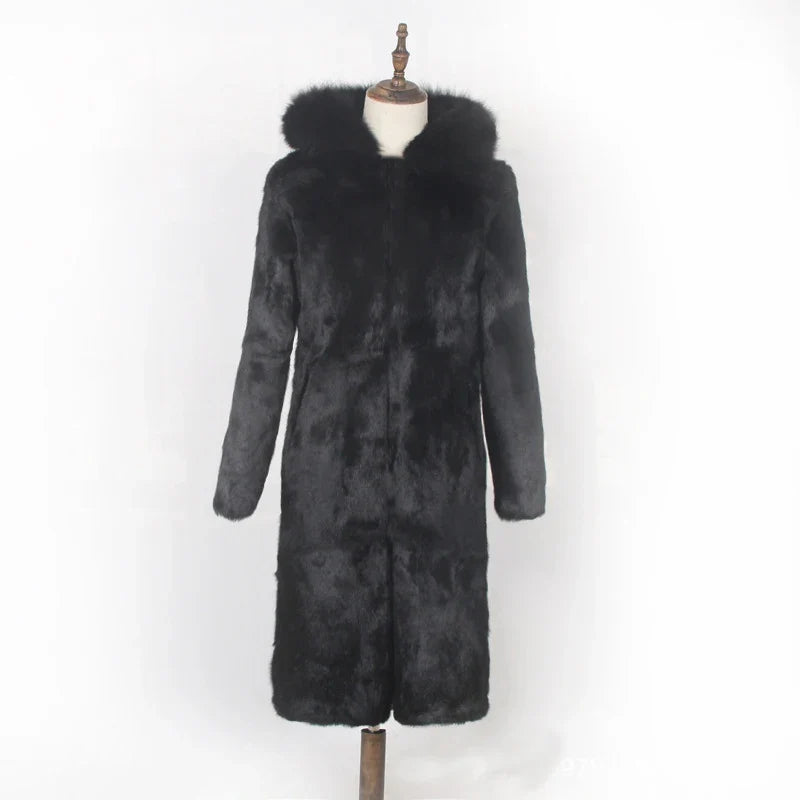 Damen Langer Mantel Schwarz mit Kapuze und Fellbesatz