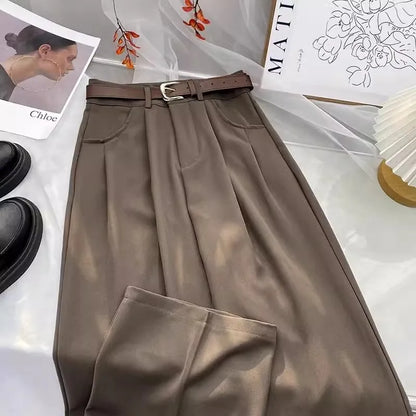 Damen Stoffhose Weites Bein mit Gürtel – Elegante Plissee Hose Hochbund