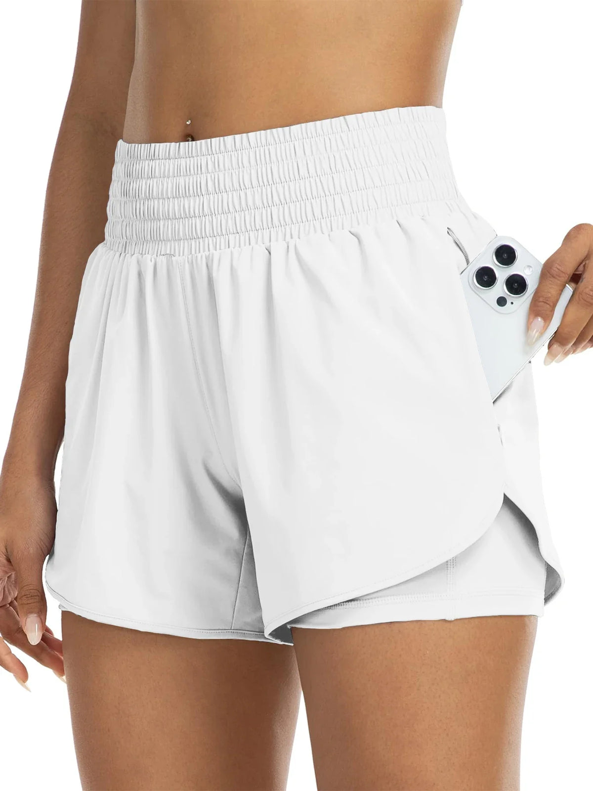 Damen Sportshorts mit hohem Bund und Tasche, 2-in-1-Design