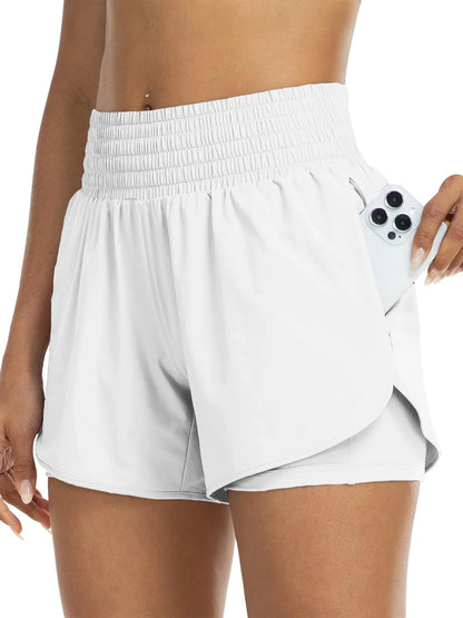 Damen Sportshorts mit hohem Bund und Tasche, 2-in-1-Design