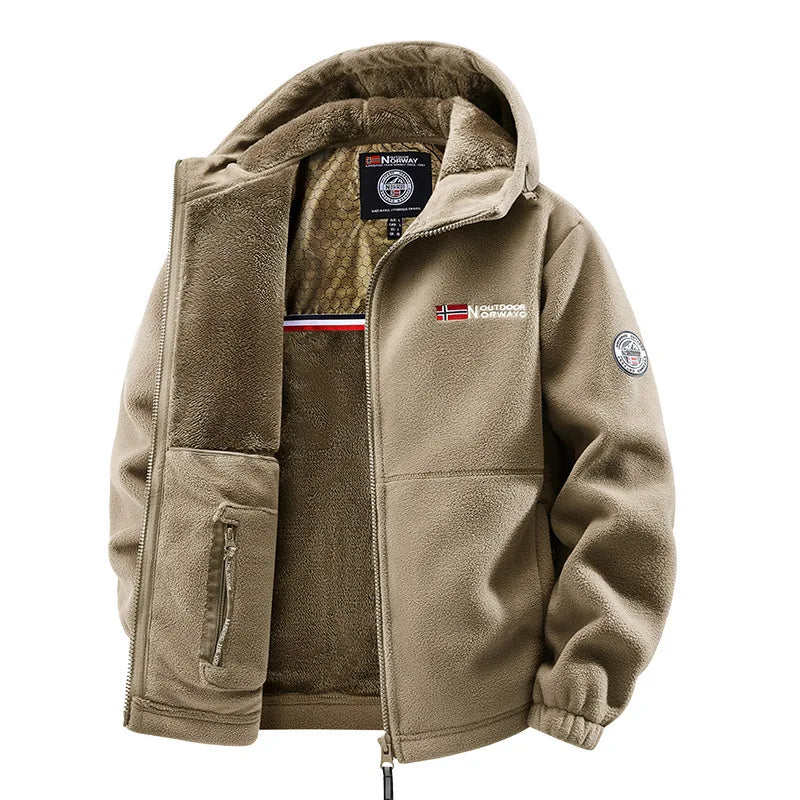 Herren Fleecejacke mit Kapuze und Plüschfutter, durchgehendem Reißverschluss