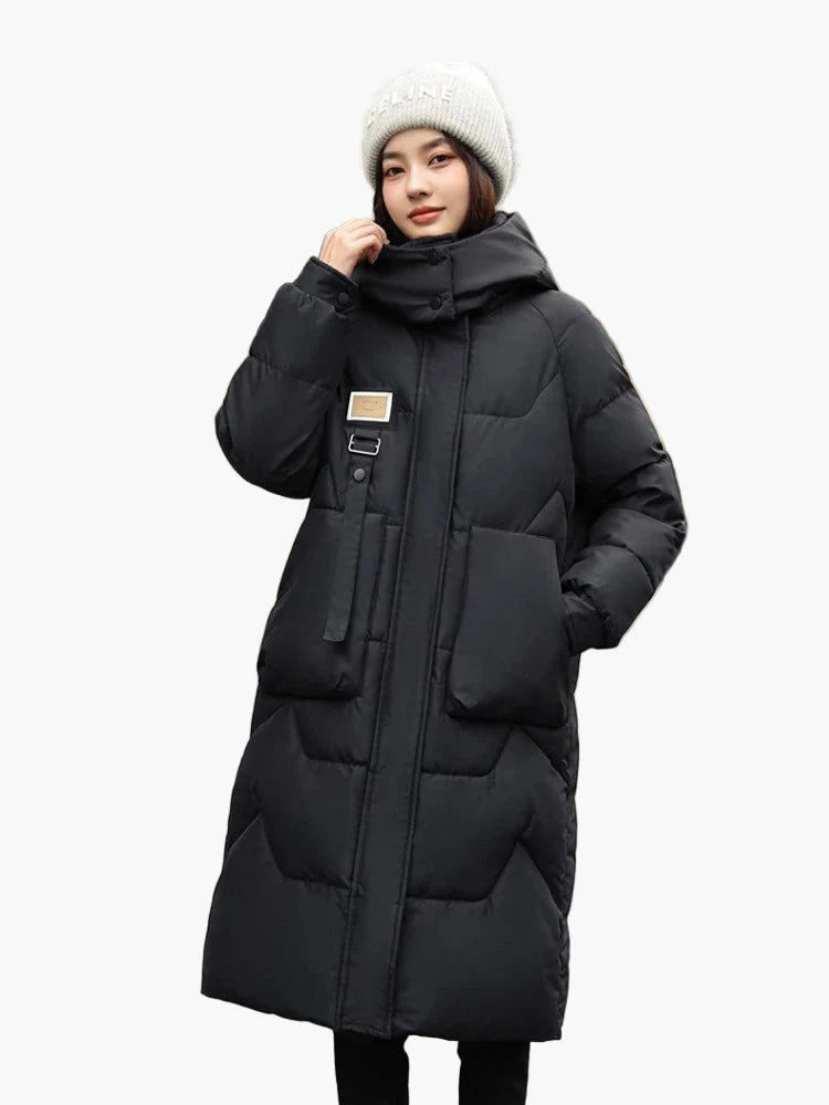 Damen Winter Daunenmantel Lang mit Kapuze, Modisch & Warm, Perfekt für kalte Tage
