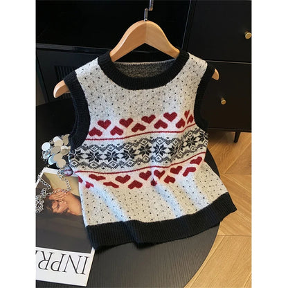 Strick Weste Damen Rundhals Fair Isle Muster Herz Schneeflocke