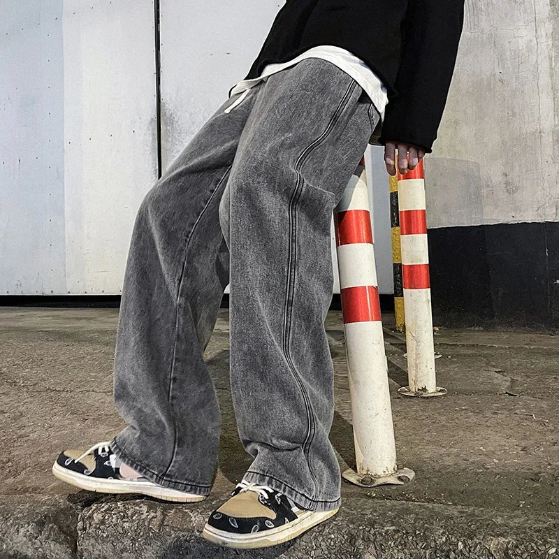 Loose Fit Jeans Herren Weites Bein Hoher Bund Grau