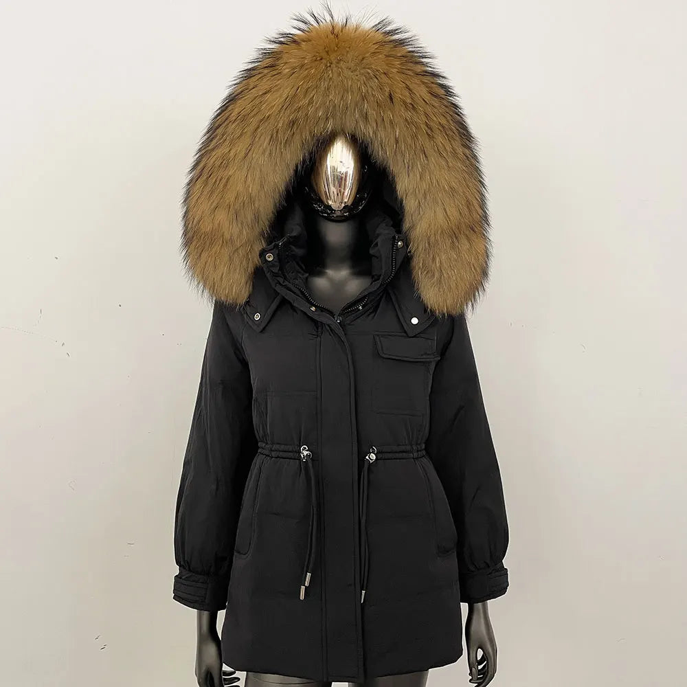 Damen Winter Parka mit Kapuze und Fellkragen Tunnelzug Weiß