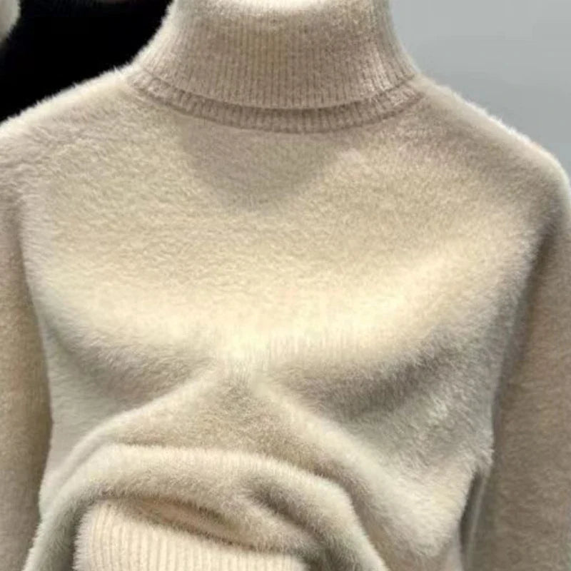 Damen Rollkragenpullover Plüsch Langarm Strickpullover Fluffy Winterpullover