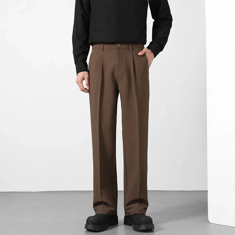 Herren Freizeithose Weites Bein Bundfalten Beige Braun