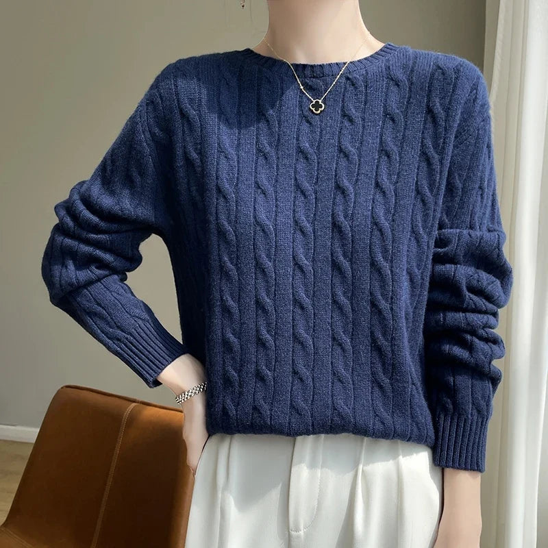 Damen Strickpullover Zopfmuster Rundhals Langarm