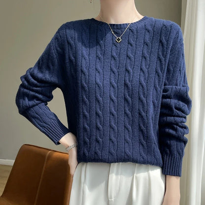 Damen Strickpullover Zopfmuster Rundhals Langarm