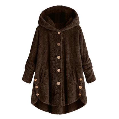 Damen Kuschelige Kapuzenjacke aus Fleece mit Holzknöpfen