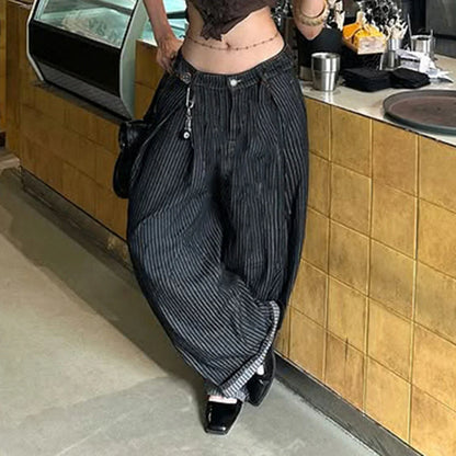 Damen Baggy Hose gestreift Schwarz weites Bein lockere Passform
