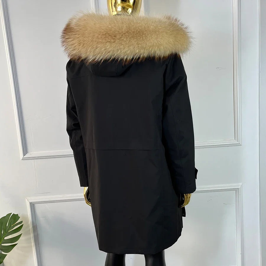 Winterparka Herren Schwarz mit Brauner Kunstfellkapuze und Futter