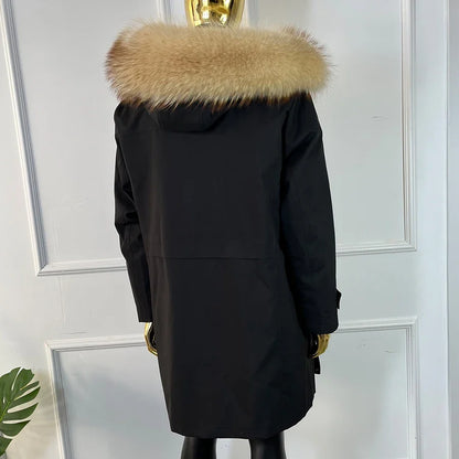 Winterparka Herren Schwarz mit Brauner Kunstfellkapuze und Futter