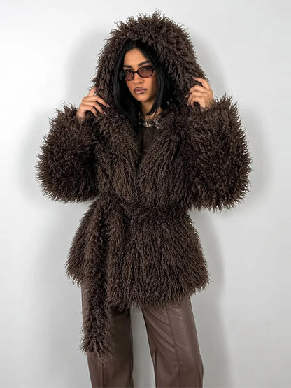 Damen Shaggy Kunstfell Jacke mit Kapuze und Bindegürtel, Langärmelig, Kurz geschnitten