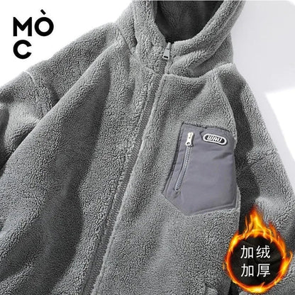 Unisex Kapuzen Fleecejacke Grau mit Brusttasche Reißverschluss