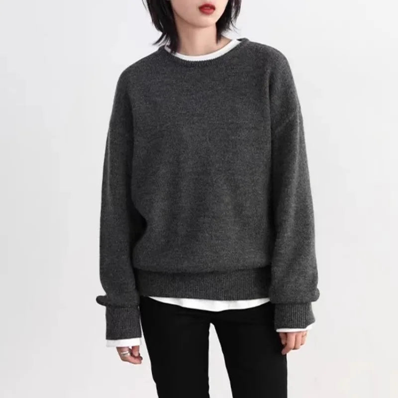 Damen Pullover Grau Rundhals Langarm Strick