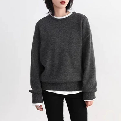 Damen Pullover Grau Rundhals Langarm Strick