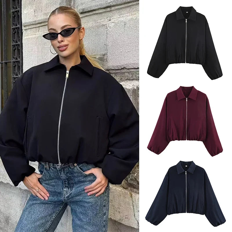 Damen Cropped Jacke Reißverschluss Stehkragen Langarm