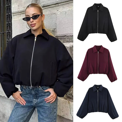 Damen Cropped Jacke Reißverschluss Stehkragen Langarm